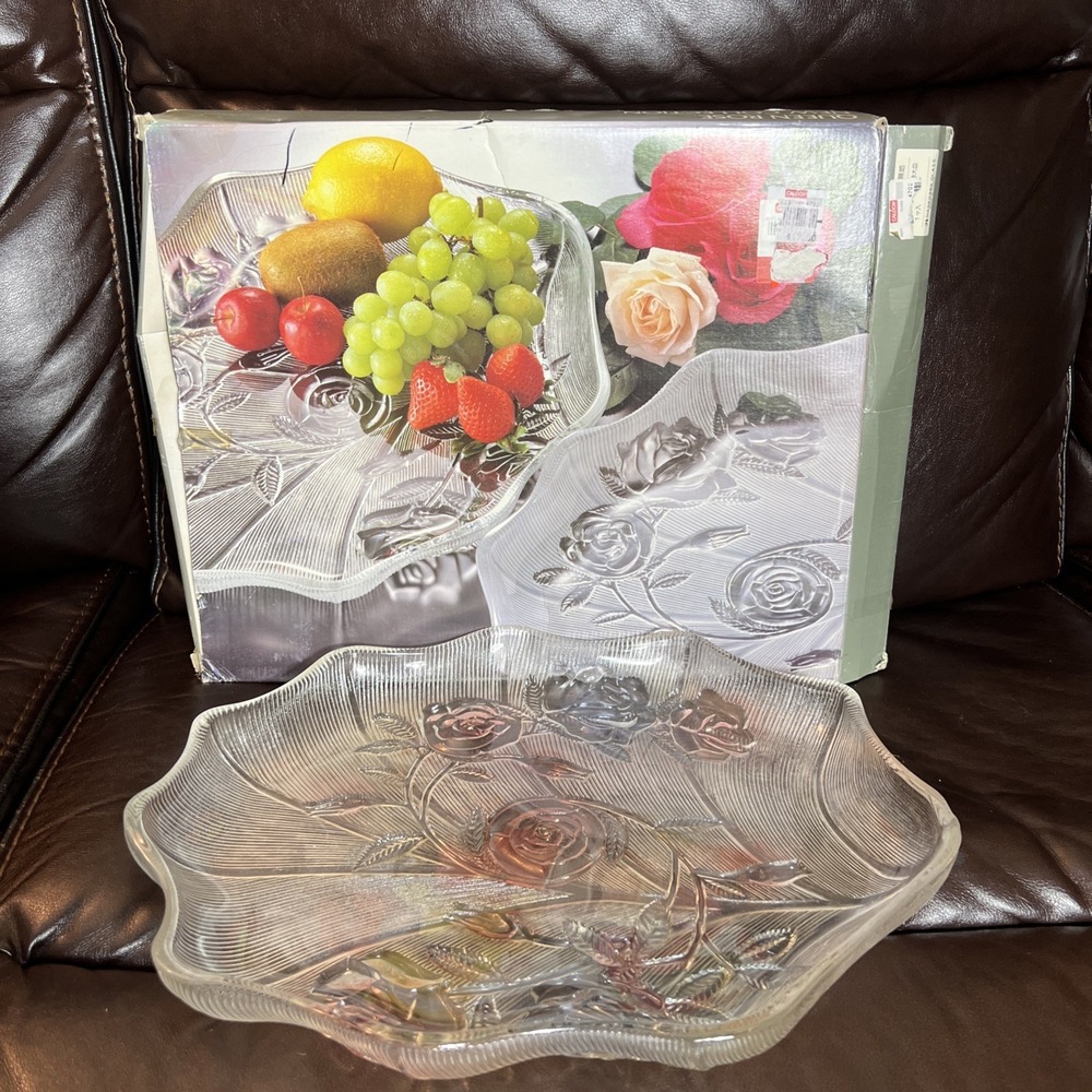 Vintage Rose Pattern Clear Pink Rectangular Glass Platter